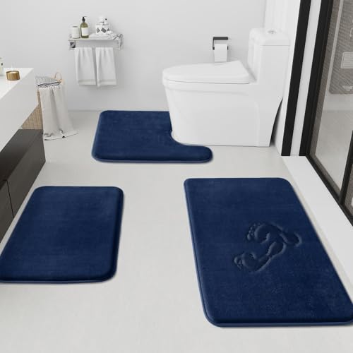 HUXMEYSON Bathroom Rugs Sets 3 Piece Non-Slip & Quick Dry Bath Mat Set Ultra Soft Velvet Bath Rugs for Bathroom Toilet and Shower Floor Navy