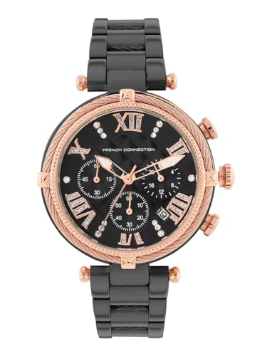 French Connection Embossed Round Dial with 12Pcs Stones Black Dial with IP Black Stainless Steel Strap Chronograph Watch - for Womens FCO4BM