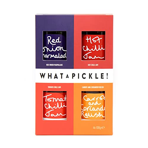 What a Pickle Gift Set - Tomato Chilli Jam, Red Onion Marmalade, Hot Chilli Jam & Carrot & Coriander Relish 100g Cover