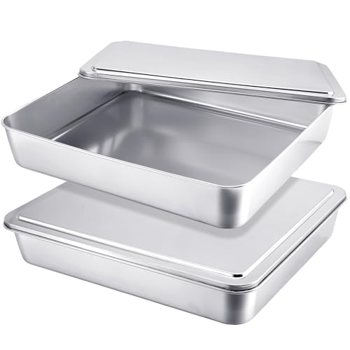 Tioncy 2 Sets 9 x 13 Inches Stainless Steel Covered Cake Pan with Lid Rectangle Sheet Baking Pan with Covers Bakeware with Li