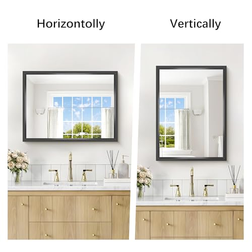 Image of Bathroom Mirror, 18 x 24 inch Brushed Black Metal Frame Rectangular Vanity Mirror, Wall Mounted Rectangle Mirror for Bedroom Living Room, Tempered Glass, Antirust, Horizontally or Vertically