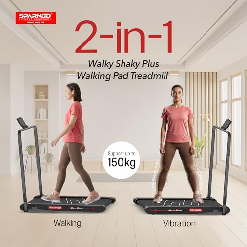 Image of Sparnod Fitness WalkyShaky Plus Treadmill for Home Use - 3HP Motor, 3-6 km /h, Foldable, LED Display, 4 Vibration Modes, 900x390mm Running Surface, Remote Control & Phone /Tablet Holder 120kg Capacity
