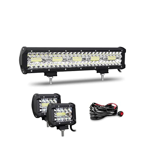 Willpower Barra LED 4x4 15 Pulgadas 38cm 300W + 2 Focos Tractor + Arnés de Cableado 12V 24V IP67 Impermeable Faro Trabajo para Coche Camión Barco