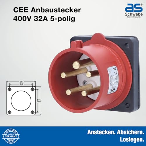 as - Schwabe CEE-Anbaustecker - CEE Stecker - 400V/32A/5-polig/6h - Flanschmaß 75 x 75 mm - Lochmaß 60 x 60 mm - Stromstecker Schlagfest - Spritzwassergeschützt IP44, 60444