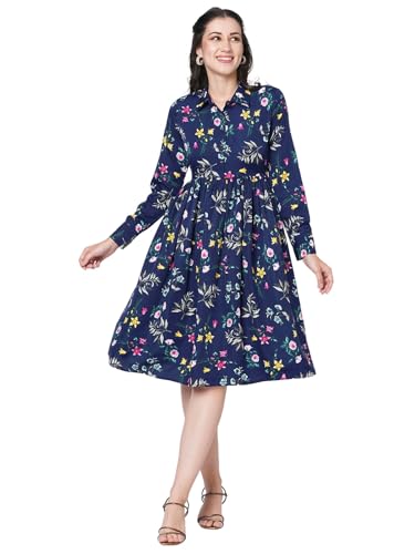 Selvia Western Dress For Women|Crepe Dress For Women|Fit & Flare Dress|Floral Printed Dress For Women|One Piece Dress For Women (647Dtk7735N-Xl_Dark Blue & Multi)
