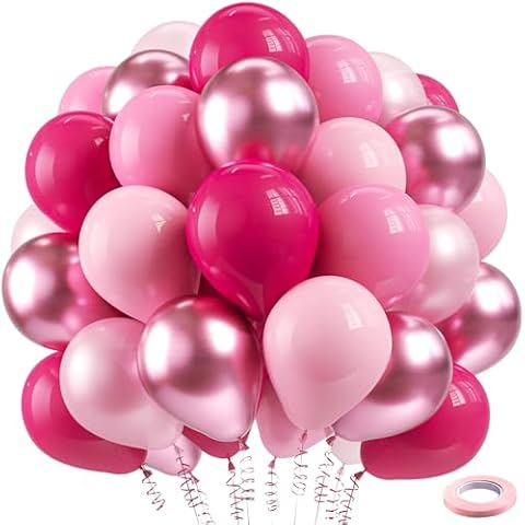 Bezente Pink Balloons Set,60pcs 12 inch Metallic Pink Pearl Pink Hot Pink Pastel Pink Latex Balloons Kit for Birthday,Wedding,Baby Shower,Princess Theme Party Decorations Cover