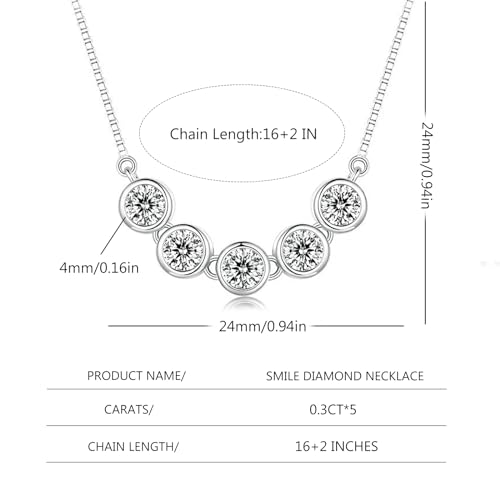 14K Gold Dainty Smile Necklace for Women with Five VVS2 D-Color 1.5ct.t.w. Diamond, Charming Wife Birthday Gift Ideas,16+2"2