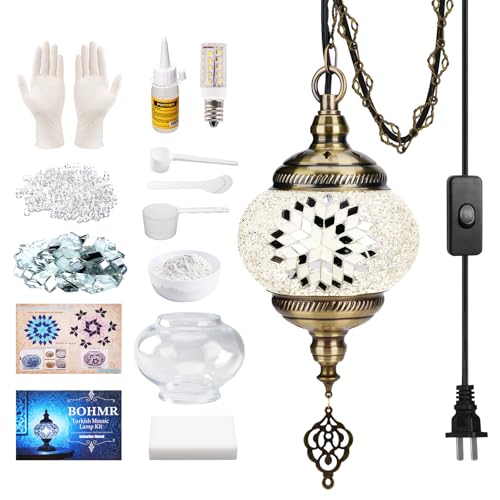 BOHMR DIY Turkish Mosaic Lamp Kit, 5.2" D Plug-in Pendant Light, White