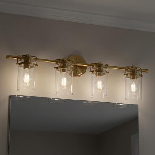 Image of Kichler Brinley 4-Light Bathroom Vanity Light Fixture with Clear Glass in Champagne Bronze, Industrial Farmhouse Style for Mirror Lighting (32.5 inch x 10.25 inch x 6.75 inch), 45690CPZ