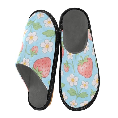 JUNZAN Strawberry with Floral Memory Foam Slippers for Women Men House Slippers for Bedroom Indoor - Main Image