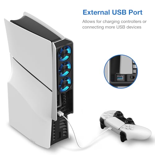 Image of MEQI PS5 Slim Cooling Fan, PS5 Slim Accessories Upgraded Quiet Cooler Fan with LED Light & USB Hubs, Efficient Cooling Station for PS5 Slim Disc & Digital Edition