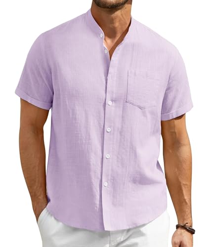 Enlision Chemise Lin Homme Manches Courtes Chemise Mauve Homme Ete Casual Chemisette Col Mao Taille Grand en Boutons 3XL