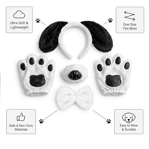 Image of Black and white dog Headband with Golves Bow and Nose Costume Set, Halloween Animal Ears Costume Dress Up Suit, Cosplay Party Supplies for Adult