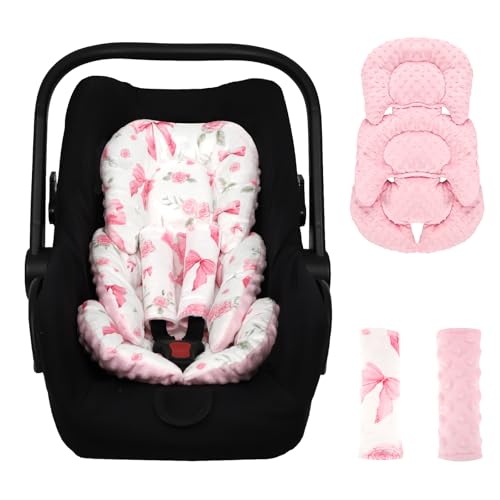 Image of Jundetye Infant Car Seat Insert Girls, Soft Car Seat Head Support Baby & 2 Strap Pads, Preemie Newborn Carseat Insert Reversible Fits for Stroller, Baby Swing, Rocker, Bassinets, Bouncer, Pink Rose