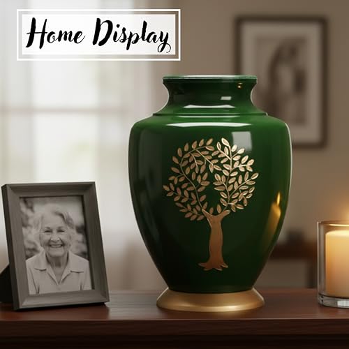 Image of Cremation Urns for Human Ashes Adult - Handcrafted Metal Funeral Urn with Tree Engraving & Velvet Carry Bag, Secure Screw Lid Memorial Burial Urn 11 Inches Height x 7 Inches Width (Green & Gold)
