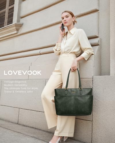 Image of LOVEVOOK Work Tote Bag for Women, Retro Leather 17.3 Inch Laptop Bag with Large Cup Holder, Computer Briefcase Handbag for Teacher, Nurse, and Medical Professionals