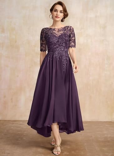 Image of Mother of The Bride Dresses Short Sleeve Lace Appliques Chiffon Formal Evening Dresses for Women IMR040
