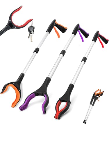 3-Pack Grabber Reacher Tool, 32 Inch Foldable Pick Up Stick with Strong Grip, Magnetic 360° Rotating Anti-Slip Jaw, Trash Picker, Lightweight Grabbers