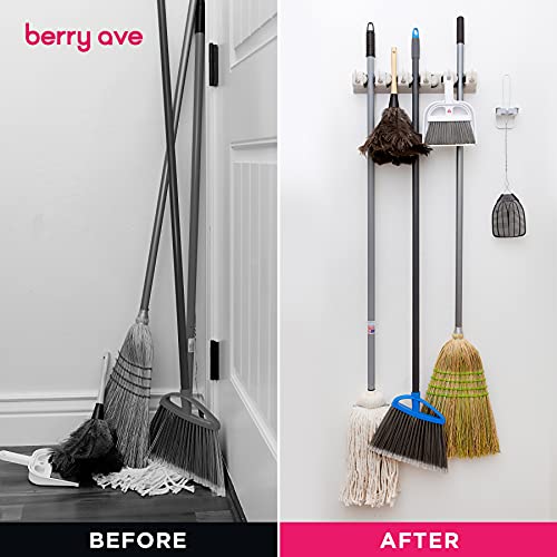 Image of Broom Holder Wall Mount, Mop and Broom Organizer - Wall Mounted Broom Rack & Mop Rack, Rack for Brooms and Mops | Broom Hanger Wall Mount with 5 Slots & 6 Hooks, Kitchen Garage Laundry Garden (Beige)