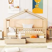 Twin House Bed with 2 Storage Drawers, Kids Twin Bed Frame with Rails and Roof, Tent Bed, Natural Wooden Twin Daybed, Twin Montessori Bed for Kids Teens Girls & Boys, No Box Spring Needed