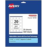 Avery Matte White Square Labels with Sure Feed, 1.5' x 1.5', 500 Matte White Printable Labels