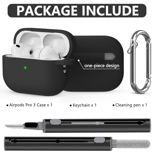 Image of Ljusmicker for AirPods Pro 3 Case 2025 with Cleaner Kit,Black | Soft Silicone Protective Cover for Apple AirPod Pro 3rd Generation Case with Keychain for Women Men,Shockproof