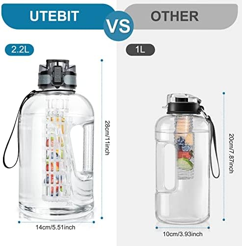UTEBIT Butelka na napoje, 2,2 l, z pojemnikiem na owoce, duży otwór z wkładem na owoce, nie zawiera BPA, szczelna, sportowa butelka z tritanu, do fitnessu, jogi, swobodnego użytku, aktywności na