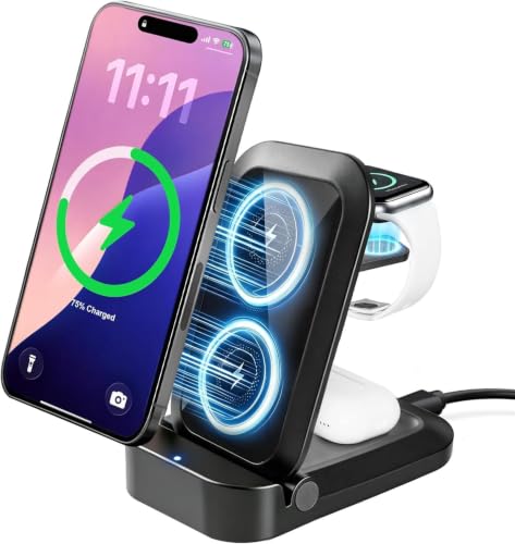 3 in 1 Wireless Charging Station for Apple - Foldable Wireless Charger Station - Travel Charger for Multiple Devices for iPhone 17 16 15 14 13 12 Pro Max Plus, Apple Watch, AirPods(Black)