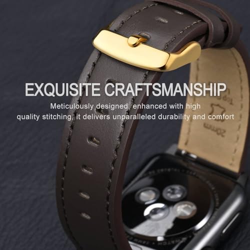 Image of ANNEFIT 18mm Watch Band with Gold Buckle, Quick Release Genuine Leather Replacement Strap (Dark Brown /Dark Brown Stitching)