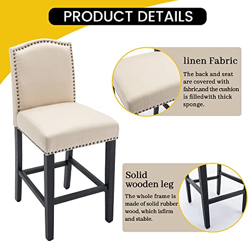 Kcc Counter Height Bar Stool 26 Inches Upholstered High Back Barstool With Antique Nail Heads Solid Wood Set Of 2 Counter Height Bar Chairs,Beige #TOP3