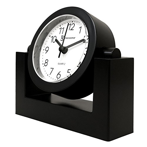 Timekeeper Small Desktop Swivel Clock For Desk, Battery Operated, 6.75" Wide X 2" Tall, Black Frame White Face #TOP3