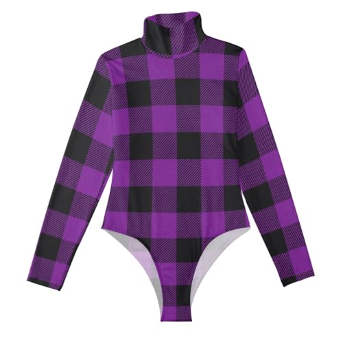 Body de manga larga para mujer leotardo morado cuello alto falso a cuadros ropa femenina GuoChe
