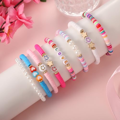 Image of Preppy Bracelets Set Colorful White Gold Smile Heart Star Polymer Beaded Pearl Clay Stackable Charm Y2K Kidcore Aesthetic Summer Beach Bohemian Stretch Layering Bracelets Jewelry for Girls Women Teens