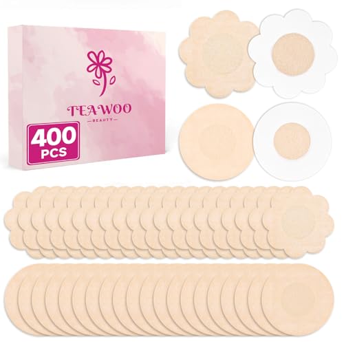 400P Disposable Nipple Covers, 200 Petal + 200 Round Breathable Non-Woven Pasties for Women, Hypoallergenic, No Show, Self-Adhesive Beige