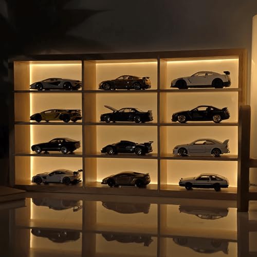 Image of Wooden LED Display for Cars - Diecast Toy Car Stand, Lighting Display Rack for Kids Toys, Living Room, Balcony, Office Decor - Yellow (Without Toys) - Wooden Display for Diecast Cars (Pack of 4)