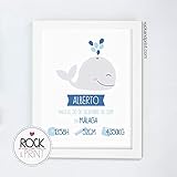  Lámina Natalicio Ballena + Marco. Personalizado con datos de nacimiento del bebé. Regalo original de recuerdo de nacimiento.