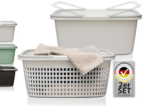 Hausfelder Wäschekorb Wanne mit Henkel 35L, 2er Set Wäschewanne und Korb weiß, Wäschesammler Kunststoff stapelbar, BPA-frei für Badewanne Transport 58x37x25cm﻿