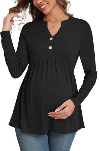 Xpenyo Womens Maternity Tops Long Sleeves Casual Pregnancy Tunic Shirts 2024 Fall V Neck Button Pregnant Dressy Blouses, Black, XXL