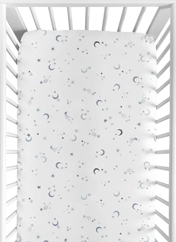 Image of Sweet Jojo Designs Fitted Baby Crib Sheets (Blue Moon and Stars) for Girls and Boys, Infant Nursery, Toddler Room - Standard Size (Grey & Navy Blue Star & Moons, Outer Space, Celestial, Modern, Gray)