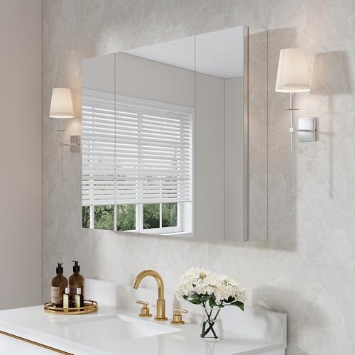 WELLFOR 40' x 30' Bathroom Medicine Cabinet, Anodized Chrome Aluminum Frame, Medicine Cabinet with...