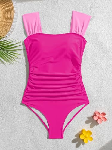 Image of B2prity Womens One Piece Swimsuit Retro Square Neck Tummy Control Bathing Suits Ruched Modest Full Coverage Swimwear