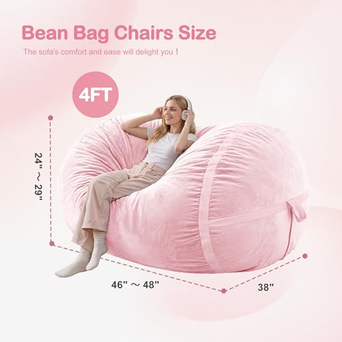 Image of 4FT Bean Bag Chair 4'Big Bean Bag Chairs with Adults, Large Beanbag Chair | Bean bag Lounger with Machine Washable Cover Dutch Velvet Fabric, Comfy Chairs for Living Room Bedroom Dorm, Pink