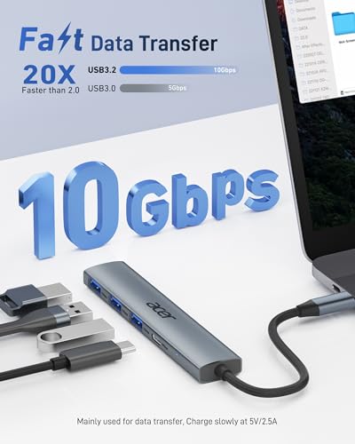Image of Acer USB C Hub 10Gbps, USB 3.2 Gen 2 Adapter with 3 USB-A & 1 USB-C Ports, High Speed Type C Multiport Splitter for MacBook, iPhone 16 /15, iPad, Surface Pro, Chromebook, Dell XPS and More