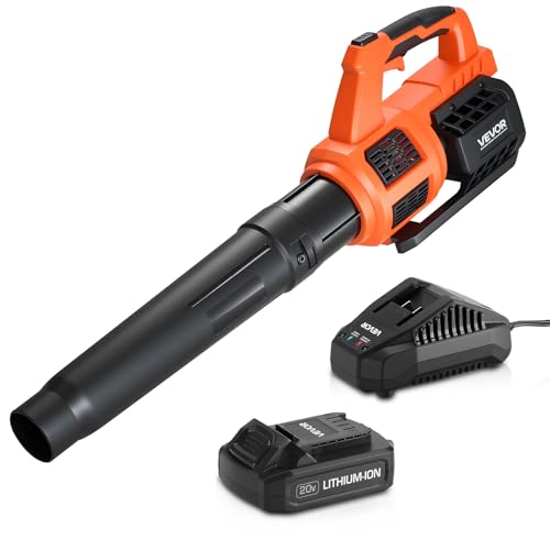 VEVOR 20V Cordless Leaf Blower with Brushless Motor, 450 CFM/110 MPH, Battery Powered Electric Leaf Blowers for Lawn Care with 2.0Ah Battery and Fast Charger