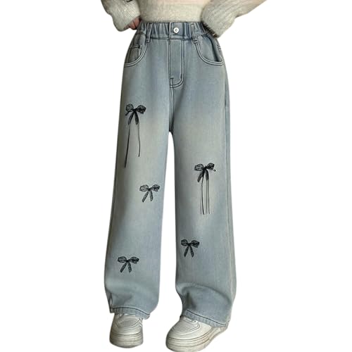 Girls Wide Leg Jeans Elastic Waist Heart Embroidery Ripped Denim Pants Kids Straight Y2k Casual Streetwear Trousers 4-14T