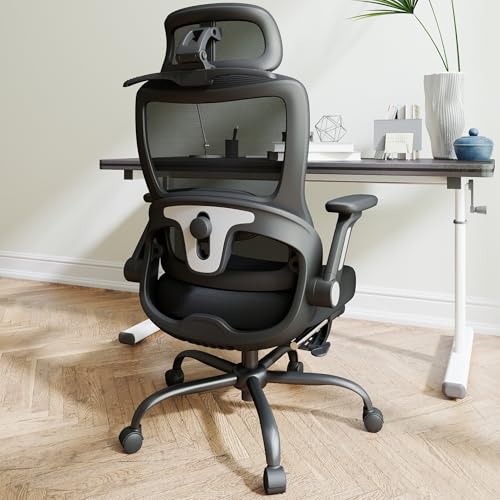 Image of Ergonomic Office Chair with Footrest, High Back Home Desk Chair with Adjustable Lumbar Support, Flip-Up Arms, Headrest, 90-135 Tilt Lock, Wide Big and Tall Mesh Computer Seating with Wheels