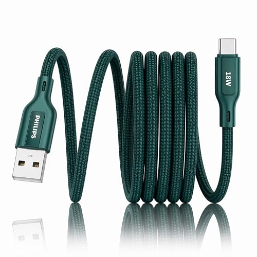 Image of PHILIPS DLC4130AT /94 18W Type-A to Type-C Fast Charging Cable (1m, Crystal Teal) | Nylon Braided | Compatible with iPhone 15+ Series, USB-C iPad Models, Samsung Galaxy & All Type C Devices