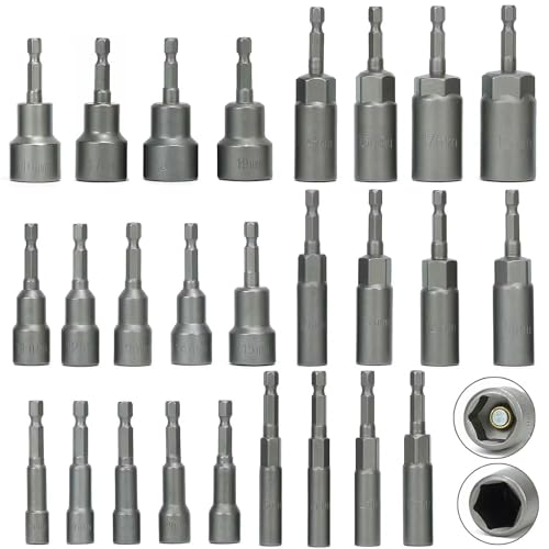 26Pcs Metric Deep and Magnetic Impact Nut Driver Set, 6mm to 19mm 1/4 inch Drill Bit Hex Socket Set, Impact Driver Nut Runner Setter, Deep Reach for Long Bolts, No Dropping Nuts Removal Tool