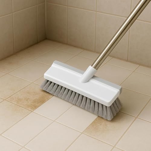 Image of Bathroom Cleaning Brush with Wiper, BUYERZONE Floor and Tiles Cleaner Brush, Bathroom Cleaning Accessories, Cleaning Brush with Long Handle, Versatile Washroom Brush Cleaner;,