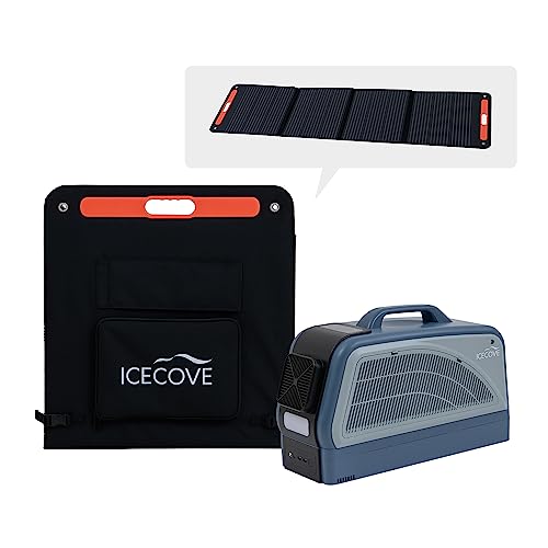 IceCove Portable Air Conditioner with Add-on Battery & Solar Panel, 2500BTU AC Unit, 250W Low Power Consumption, 25.5VDC, 2 Fan Speed, 3 Light Mode for Tent Camping RV Truck Van Life Home, Blue